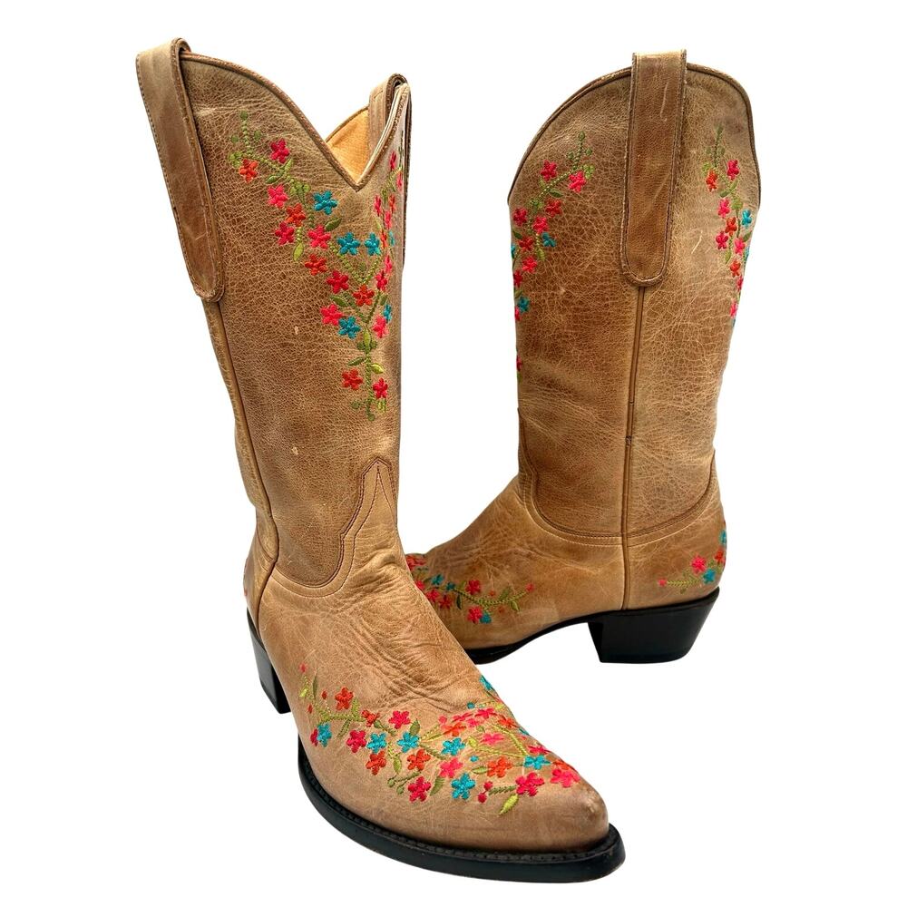Old Gringo Women's Embroidered Flower tan Leather Western Boot SZ 7.5 RARE Snip
